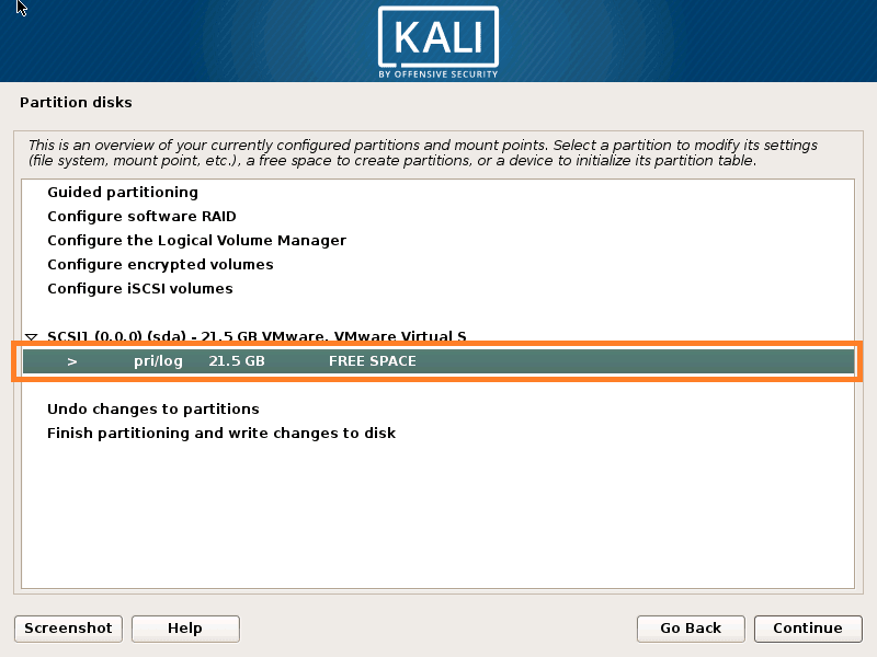 Select Free Space to Create Partition