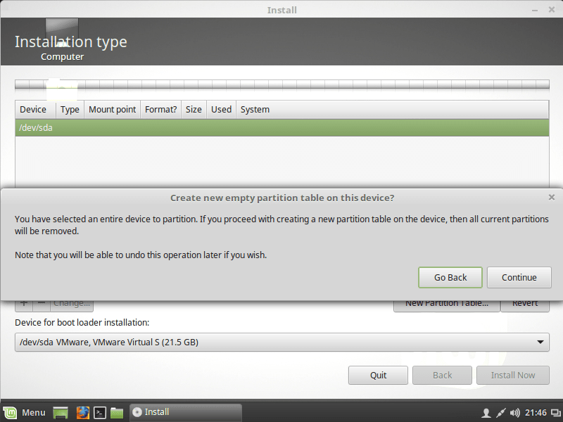 CONTINUE PARTITION CREATION FOR LINUX MINT 18