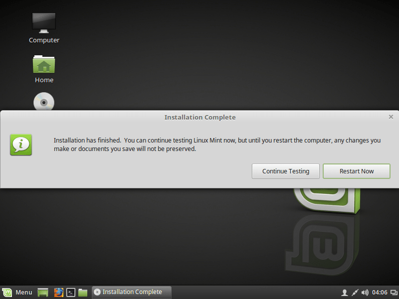 RESTART TO COMPLETE THE LINUX MINT 18 INSTALLATION