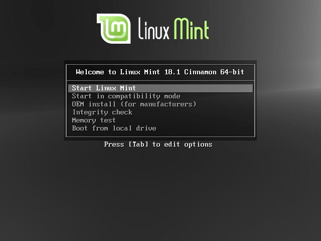 SELECT THE LINUX MINT 18 INSTALLATION TYPE